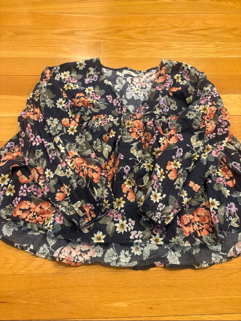 Faherty Navy Floral Long Sleeve Peasant Blouse - Picture 2 of 3
